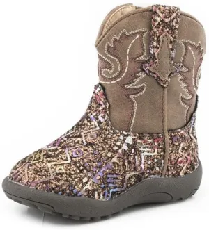 ROPER Girls Infant Brown Faux Leather Glitter Aztec Southwest Cowboy Boots