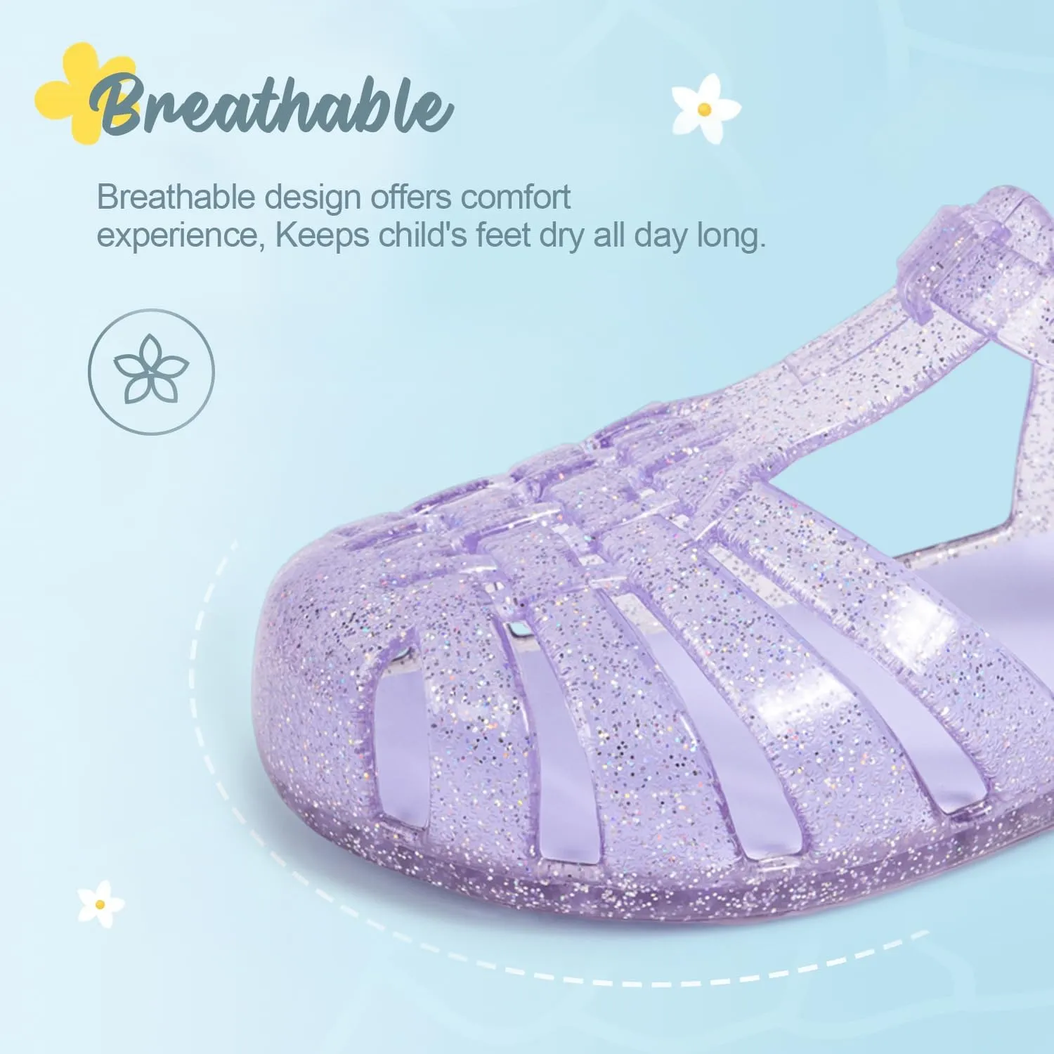 Sawimlgy Toddler Girls Jelly Sandals Summer Beach Closed Toe Crystal Princess Dress Flat Little Kid T-strap Rubber Sole Shoe