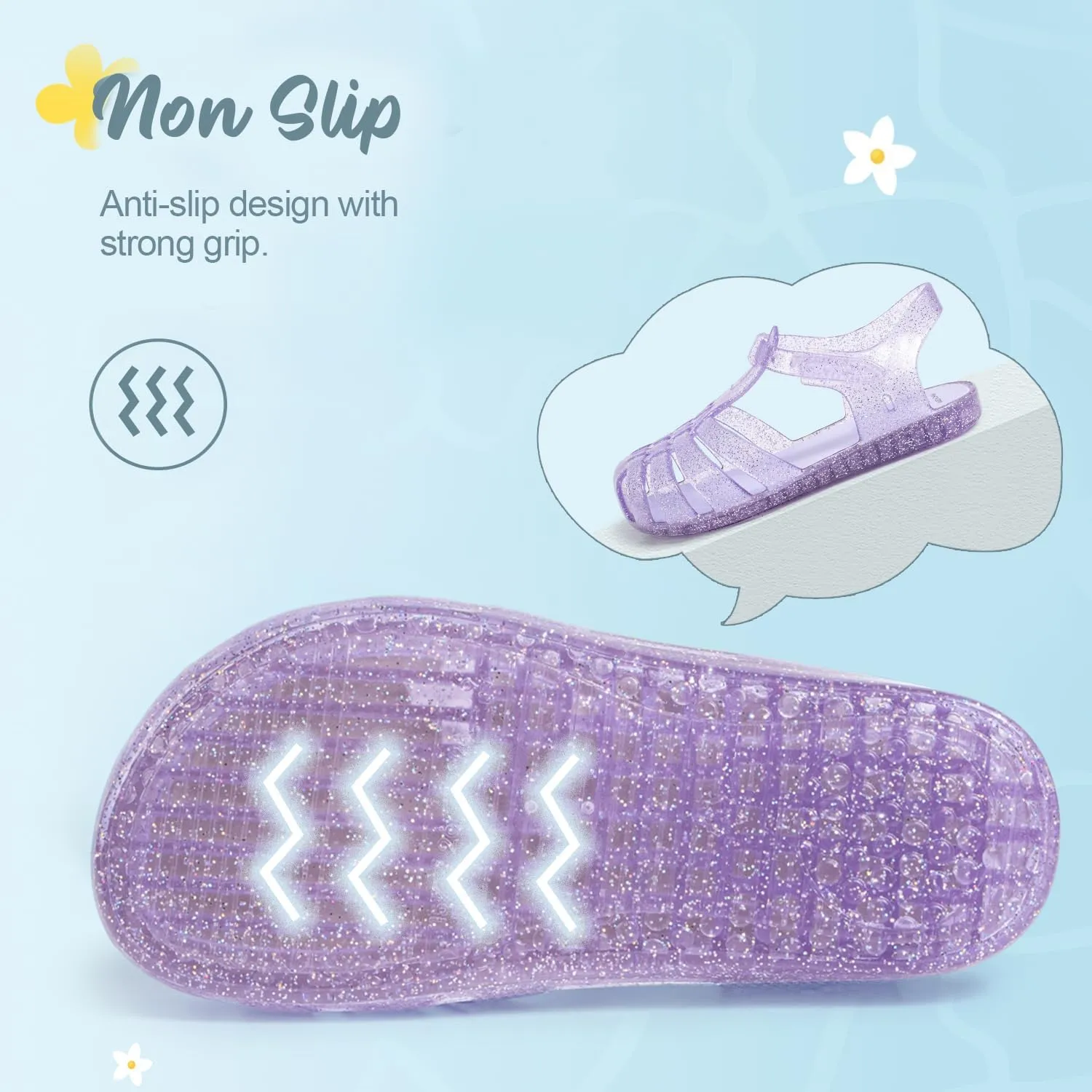 Sawimlgy Toddler Girls Jelly Sandals Summer Beach Closed Toe Crystal Princess Dress Flat Little Kid T-strap Rubber Sole Shoe