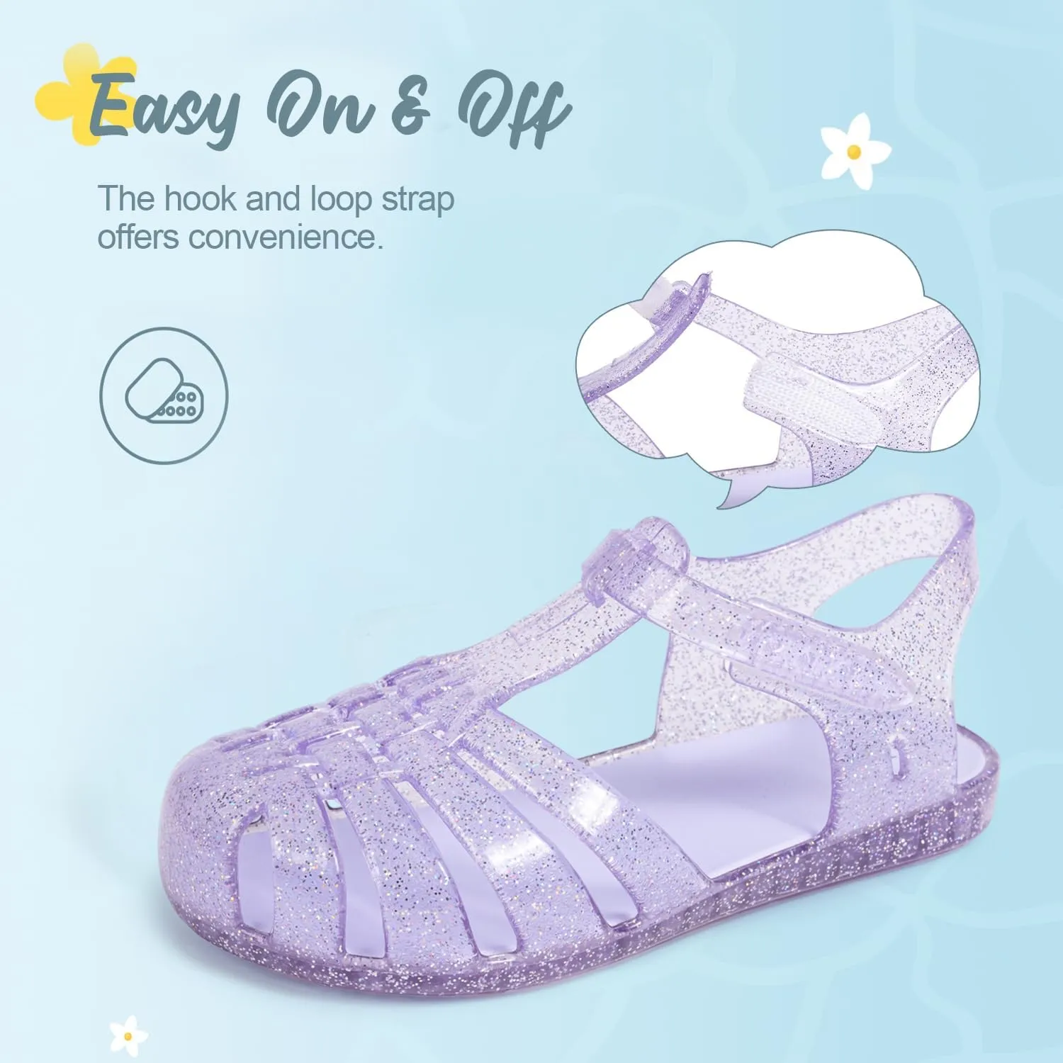 Sawimlgy Toddler Girls Jelly Sandals Summer Beach Closed Toe Crystal Princess Dress Flat Little Kid T-strap Rubber Sole Shoe