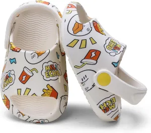 Toddler Boys Girls Cute Garden Clogs Kids Slip On Water Shoes EVA Lightweight Summer Slipper Slides Baby Comfort Cartoon Print Platform Sandals Children Outdoor Shower Beach Pool Play Shoes White