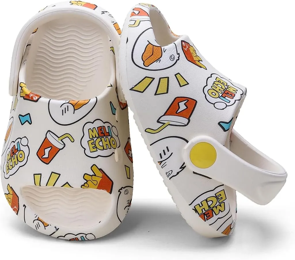 Toddler Boys Girls Cute Garden Clogs Kids Slip On Water Shoes EVA Lightweight Summer Slipper Slides Baby Comfort Cartoon Print Platform Sandals Children Outdoor Shower Beach Pool Play Shoes White