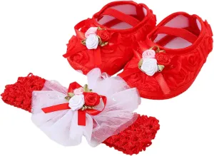 Toddler Girl Cute Shoes Baby Shoes Plus Headband Set Cute Baby Princess Shoes with Dress Hard Bottom Walking Shoes