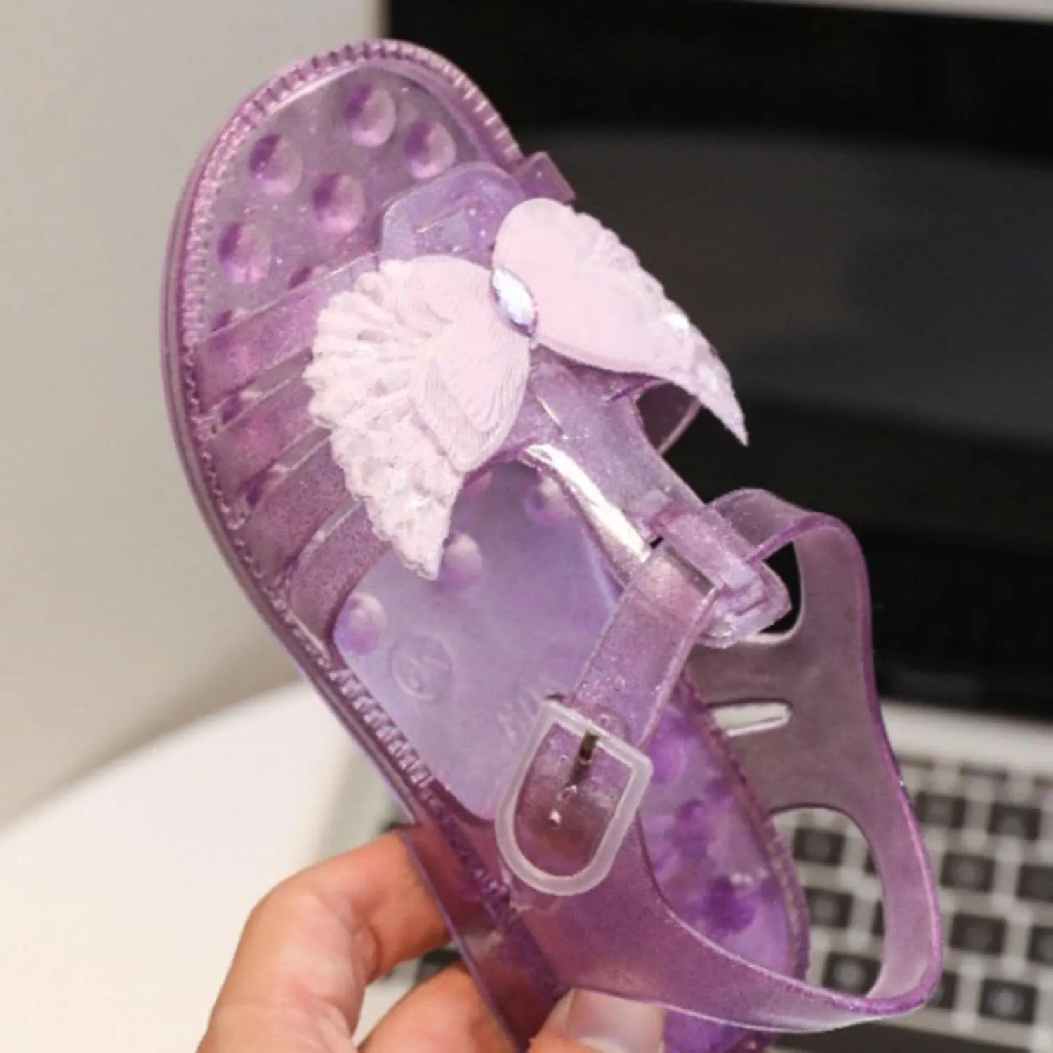 Toddler Girl Princess Jelly Sandals Kids Open Toe Rhinestone Butterfly Summer Beach Flat Sandal with Ankle Strap