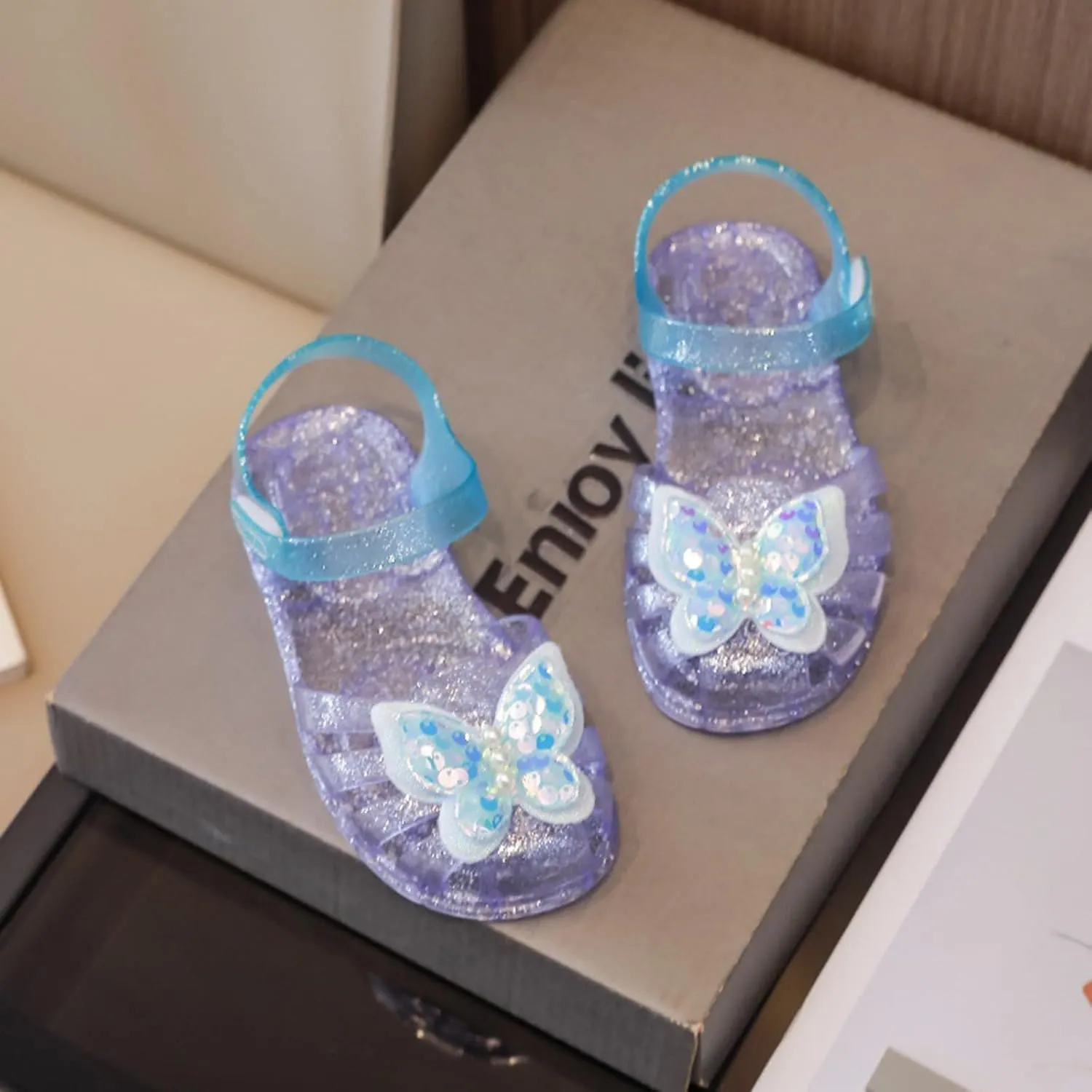 Toddler Jelly Sandals Kids Girls Sequin Butterfly Princess Shoes Closed Toe Summer Beach Flat Sandal with Ankle Strap